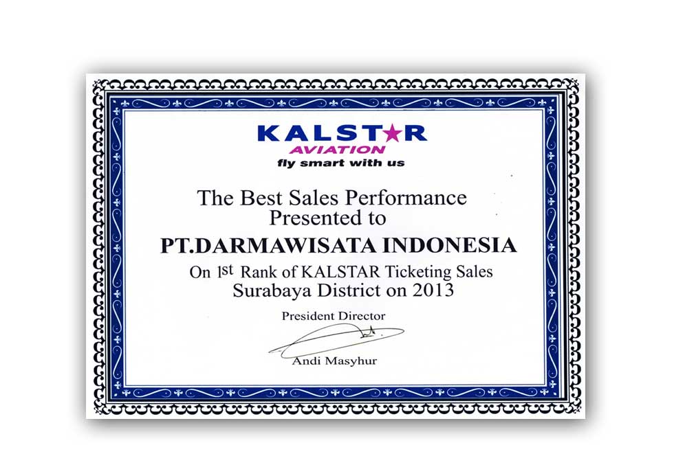 Kalstar Aviation - 1st Rank of KALSTAR Ticketing Sales Surabaya District on 2013